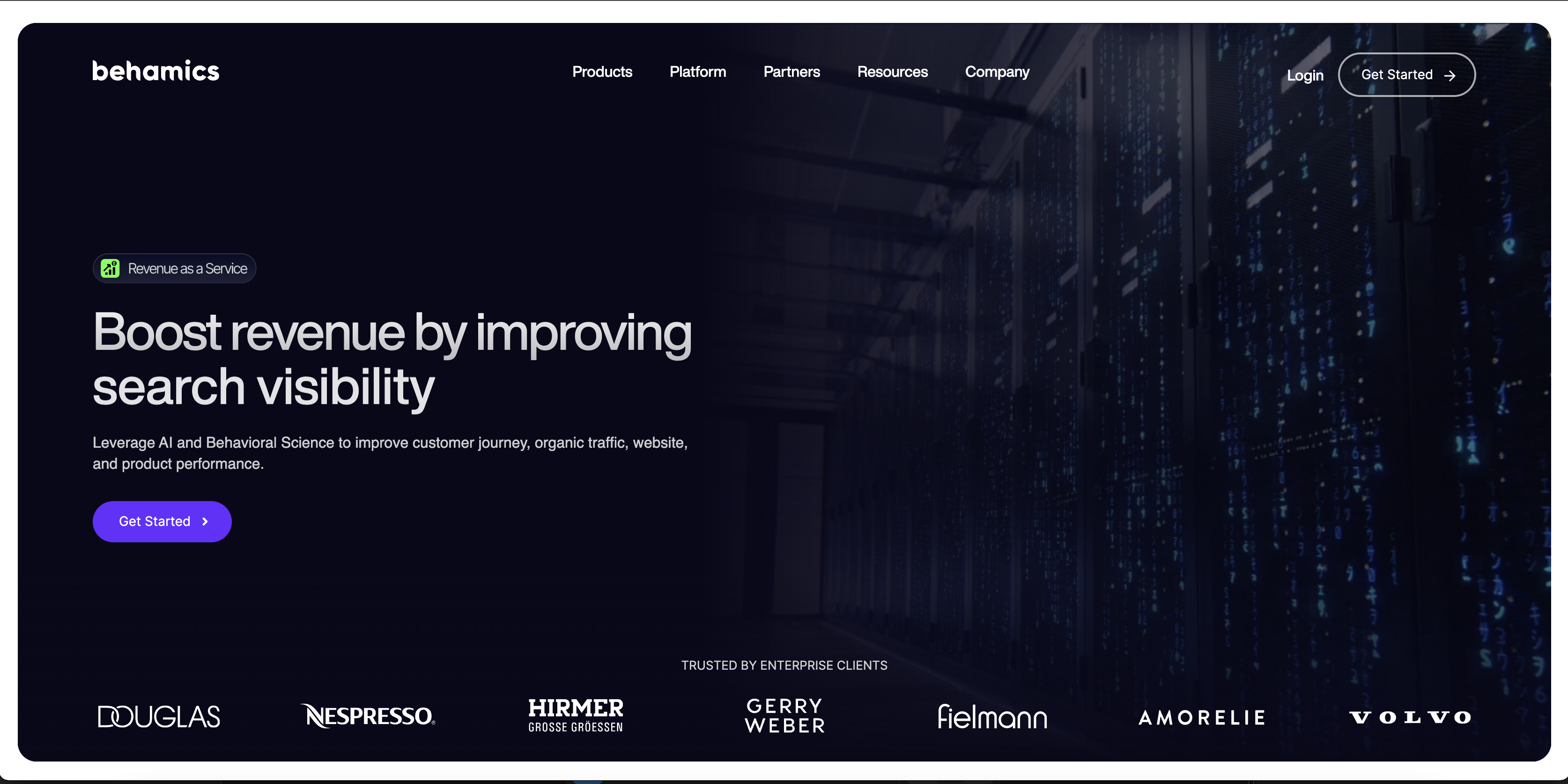 Behamics homepage showcasing AI-powered revenue optimization platform