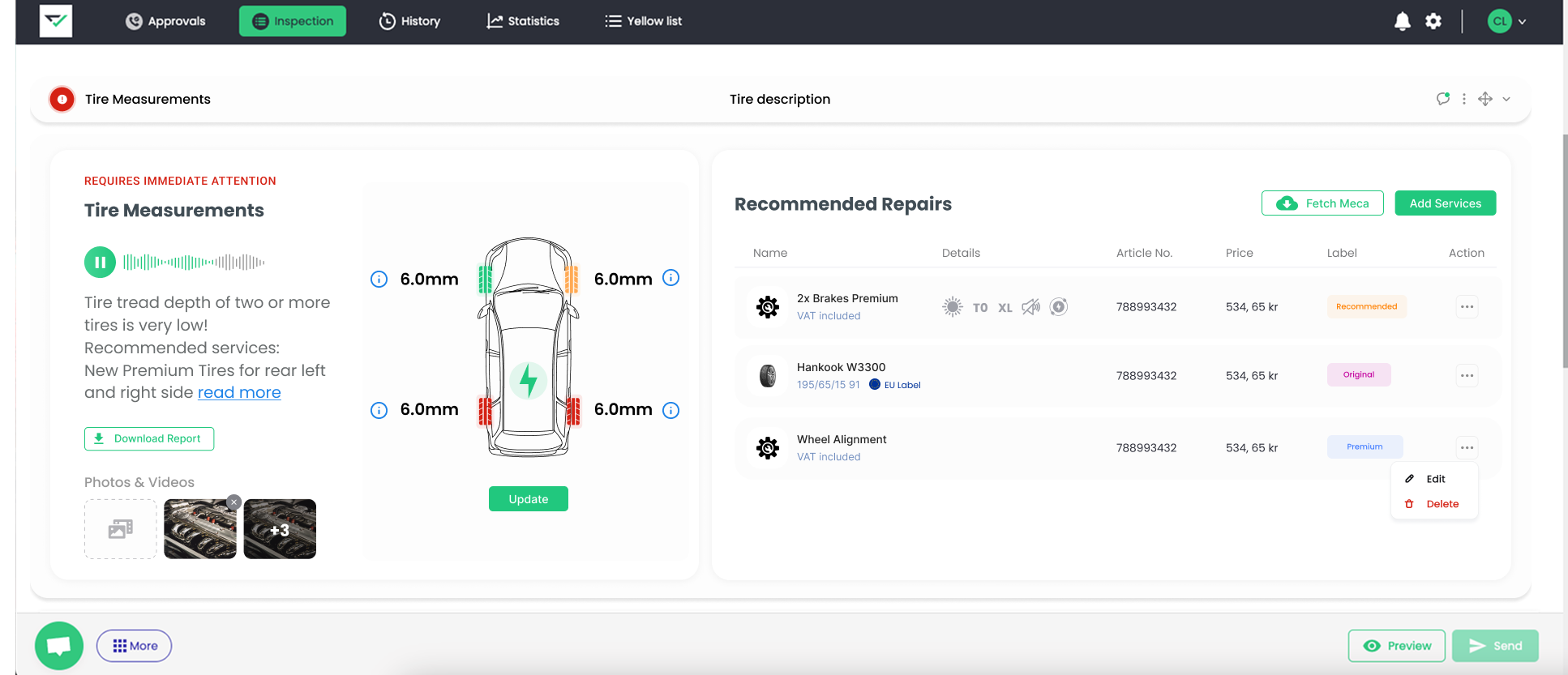 Vecheck tire inspection interface showing measurements and recommendations